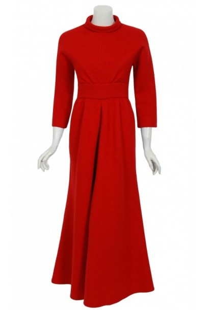 1967 Nina Ricci Haute Couture Ruby Red Wool Full-Length Mod Dress Jumpsuit