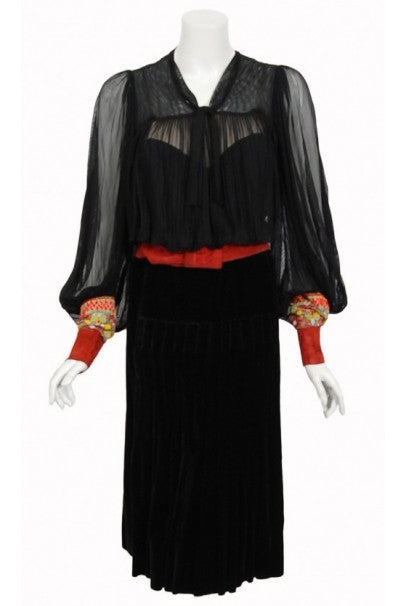 1935 House of Worth Couture Beaded Velvet &amp; Silk Illusion Belted Dress