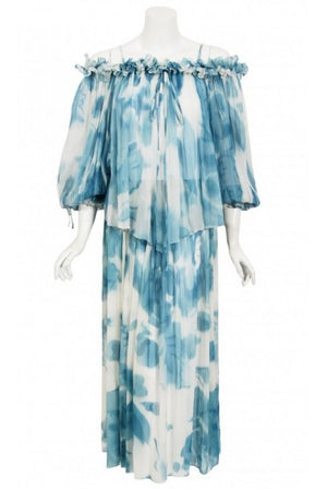 1970's Sant' Angelo Blue Cloud Print Chiffon Dress & Off-Shoulder Blouse