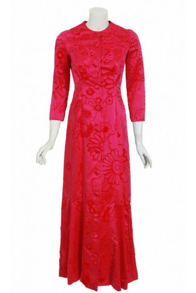 1970 Mainbocher Couture Pink Flocked Silk Hourglass Mermaid Dress