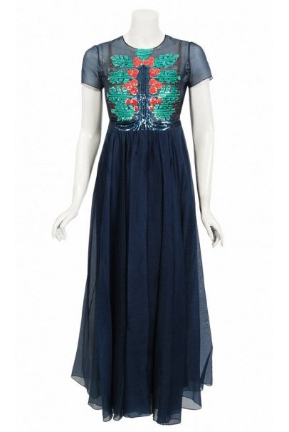 1975 Madame Grès Haute Couture Beaded Holly Berry Motif Silk Gown