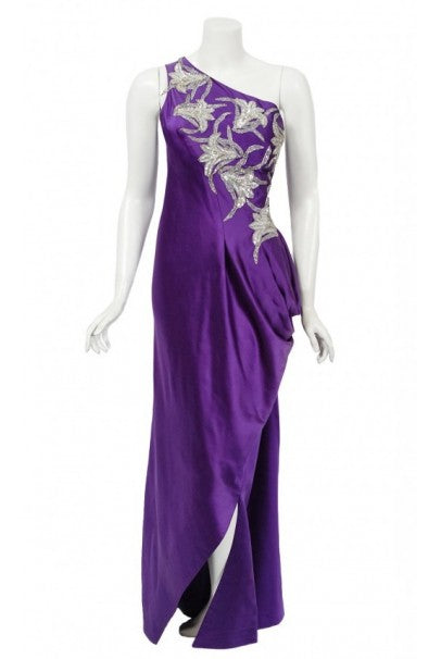 1970's Stavropoulos Couture Purple Silk One-Shoulder Sculpted Gown