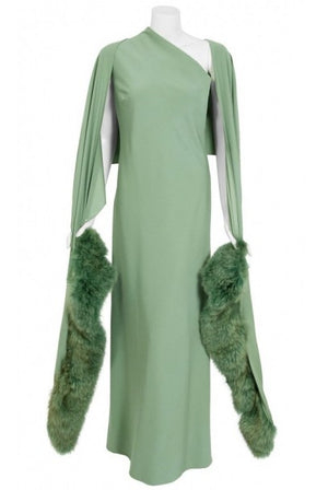 1960s Pauline Trigere Seafoam Green Crepe One-Shoulder Bias Cut Gown / Fur Wrap