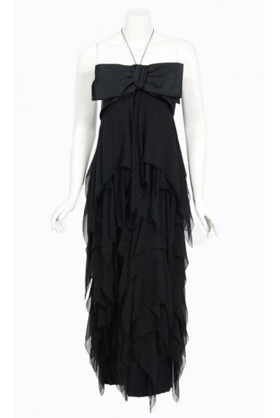 1970 Pauline Trigere Black Silk Chiffon &amp; Satin Halter-Bow Tiered Drape Dress