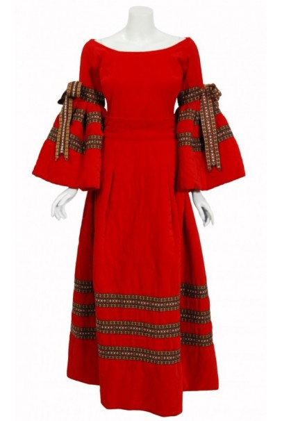1970 Adolfo Couture Red Embroidered Velvet Bell-Sleeve Blouse &amp; Maxi Skirt Set