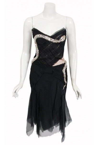 2004 Gucci by Tom Ford Runway Black Silk Crystal-Snake Strapless Dress