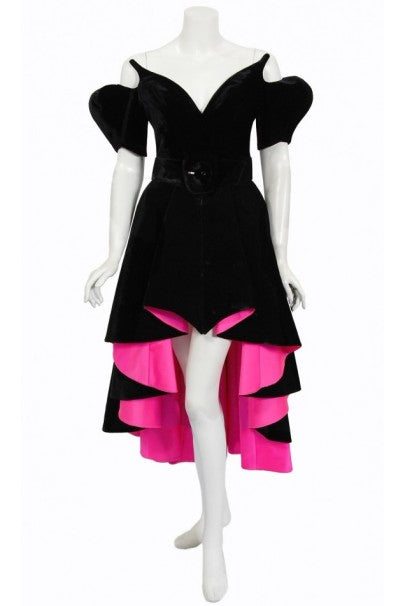 1991 Thierry Mugler Runway Black Velvet Fuchsia-Pink Silk Sculpted High Low Gown