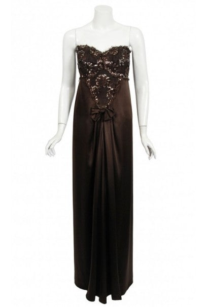 1990 Yves Saint Laurent Haute Couture Chocolate-Brown Silk & Lace Strapless Gown