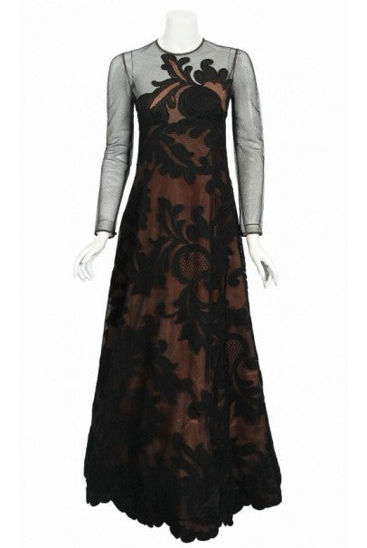 1998 Pierre Balmain Haute Couture Sheer Illusion Applique Black Tulle Lace Gown