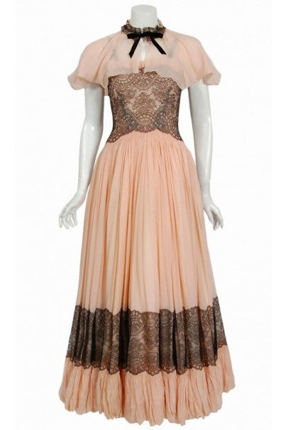 1940&#39;s French Couture Pink Silk-Chiffon &amp; Black Lace Scalloped Gown &amp; Capelet