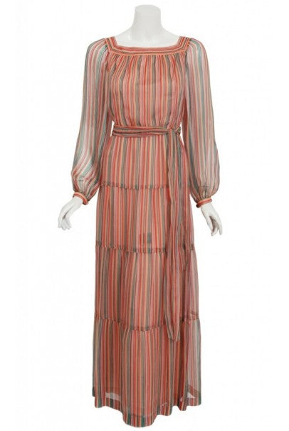 1977 Givenchy Colorful Stripe Silk-Chiffon Billow Sleeve Bohemian Dress