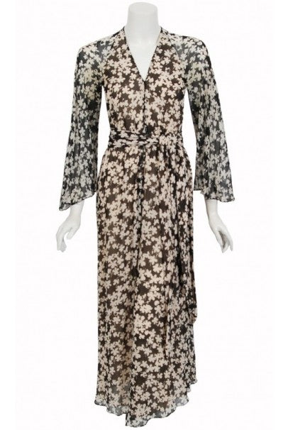 1975 Halston Couture Black &amp; Ivory Clover Print Silk Bell-Sleeve Belted Jumpsuit