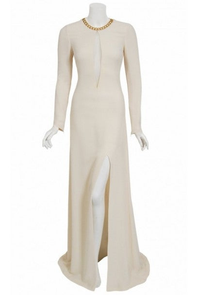 2006 Alexander McQueen White Silk Crepe Chain Plunge High-Slit Hourglass Gown