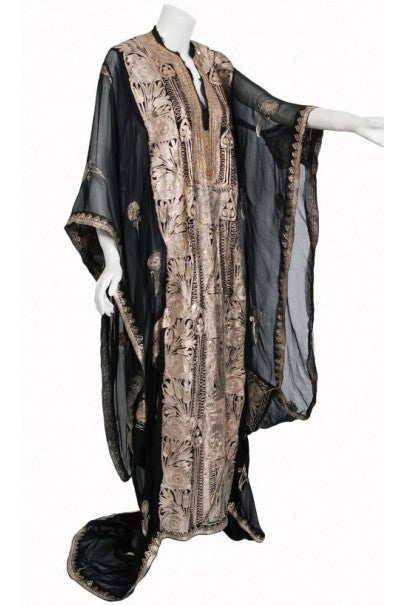 1930&#39;s Middle Eastern Couture Metallic Gold Embroidered Black Chiffon Caftan