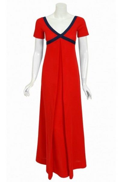 1969 Rudi Gernreich Cross My Heart Empire Red and Navy Knit Maxi Dress