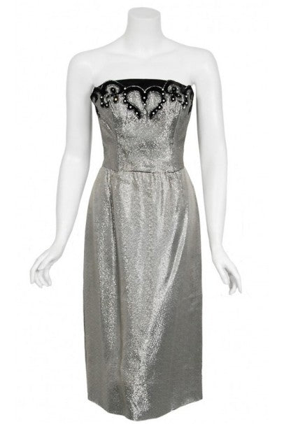 1950&#39;s Lilli Diamond Metallic Silver Lame Beaded Strapless Dress &amp; Swing Jacket