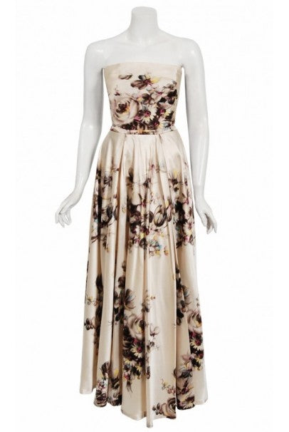 1950&#39;s Jeanne Lafaurie Couture Watercolor Floral Silk Strapless Gown