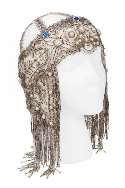 1920&#39;s French Couture Deco Pearl Beaded Sequin Fringe Flapper Headpiece