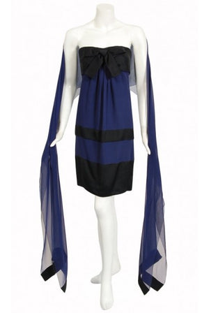 1990 Chanel Runway Sapphire-Blue & Black Silk Strapless Dress w/ Shawl